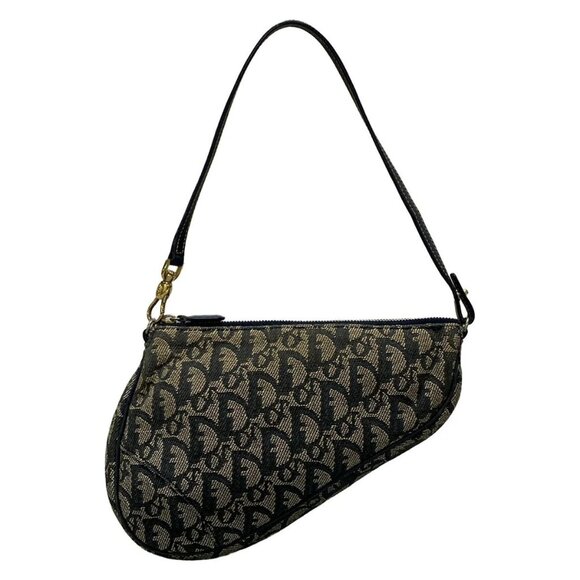 Auth DIOR/ChristianDior Saddle Pouch - Navy Cream Jacquard Leather Handbag - Picture 1 of 16